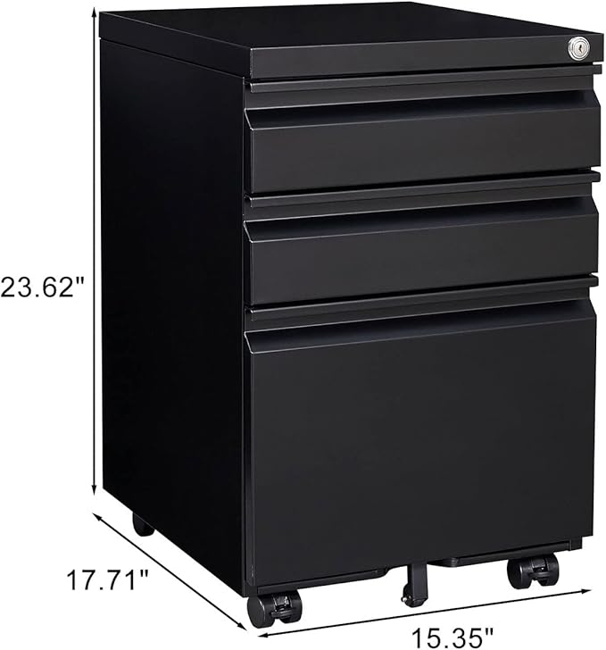 3 Drawer Small File Cabinet with Lock Under Desk Locking Storage Cabinet Organizer Mobile Filing Cabinets for Home OfficeBlack