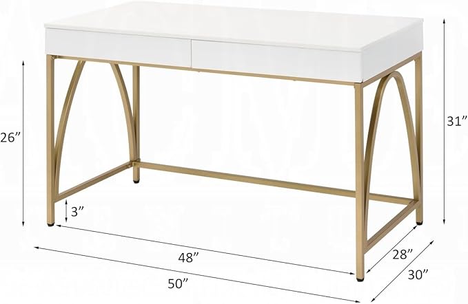 Maykoosh Modern Home Office Desk - White Gloss Top &amp Gold Metal Legs