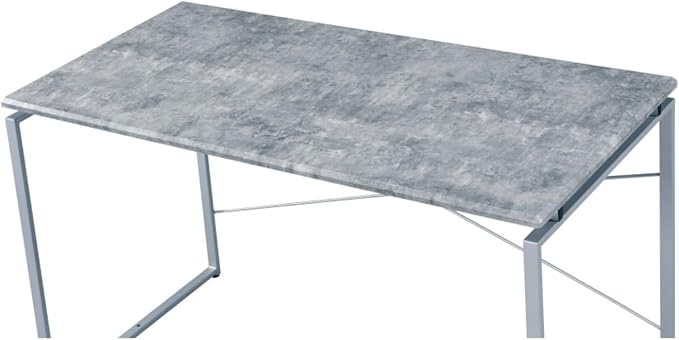 Faux Concrete &amp Silver Finish Industrial Style Writing Desk Open Back Design Durable Composite Wood and Steel Construction Compact Home Office Desk for Bedroom or Study