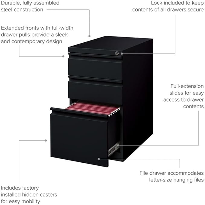 BOWERY HILL 20 3-Drawer Modern Metal Mobile Pedestal Filing Cabinet in Black Lockable Sturdy Steel Construction Mobile Office Storage Durable Document Organization