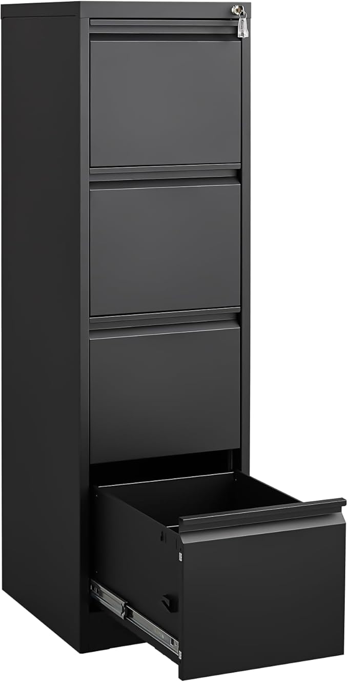 4 Drawer File Cabinet with LockMetal Vertical Filing Storage Cabinet Organizer for Home Office Under Desk Small Locking DrawersAssembly RequiredBlack