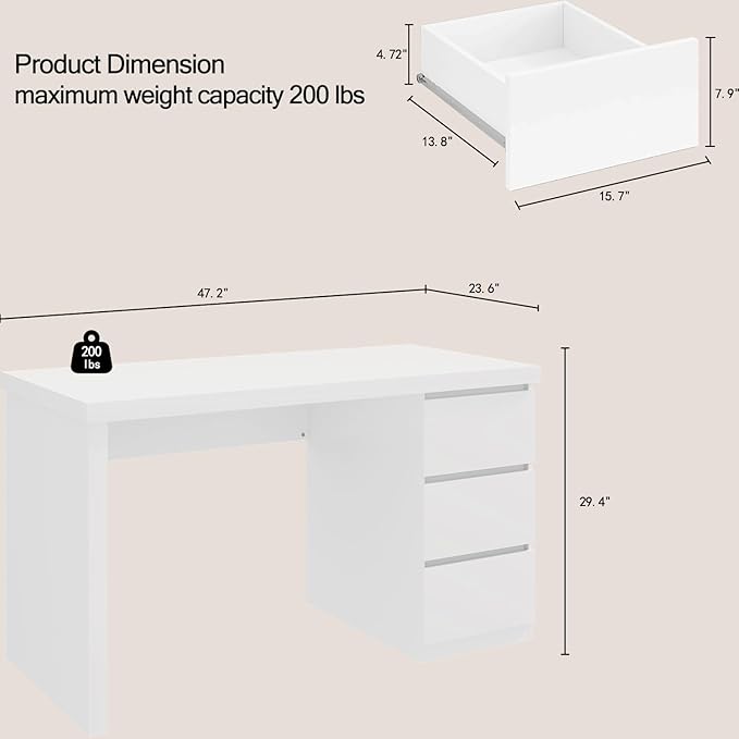 Desk with Drawers White Computer Desk with 3 Drawer Small Space Writing Desk with Drawers for Home Office Modern Simple Design 47 Inch