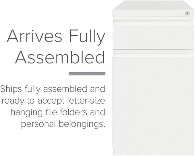 Pemberly Row Mobile Pedestal Filing Cabinet 20 D White Metal 2-Drawer with Backpack Drawer Hidden Casters Ball-Bearing Slides Core-Removable Lock Commercial Grade Office Storage