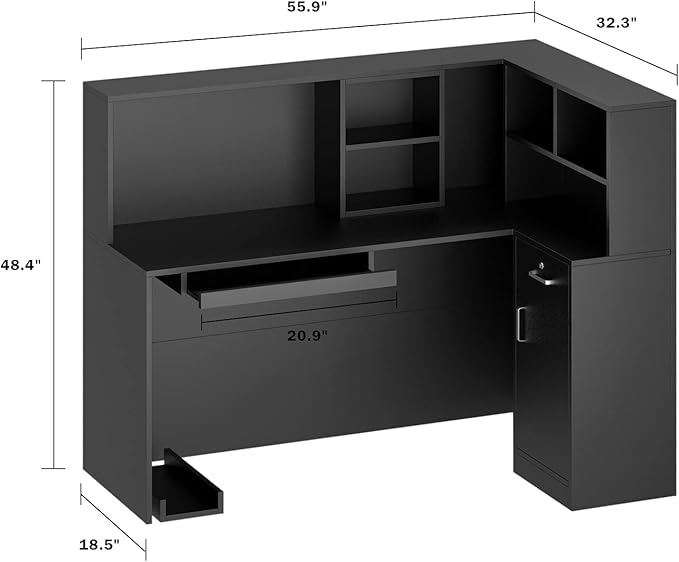 Homsee Reception Desk L-Shaped Office Desk with Counter 1 Door Storage Cabinet 1 Lockable Drawer Hutch Shelf and Keyboard Tray Black