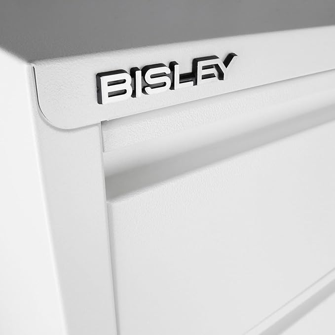 Bisley 3-Drawer Flush Front Vertical File Cabinet - Traffic White 2 Utility Drawers + 1 Hanging File Drawer Powder-Coated Steel Locking Bottom Drawer