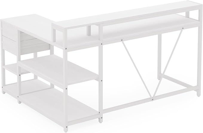47'' L Shaped Gaming Desk with Power Outlets Reversible Corner Computer Desk with Monitor Stand Storage Shelves Side Bag Home Office Desks for Home Office Gaming (White 55 Inch)