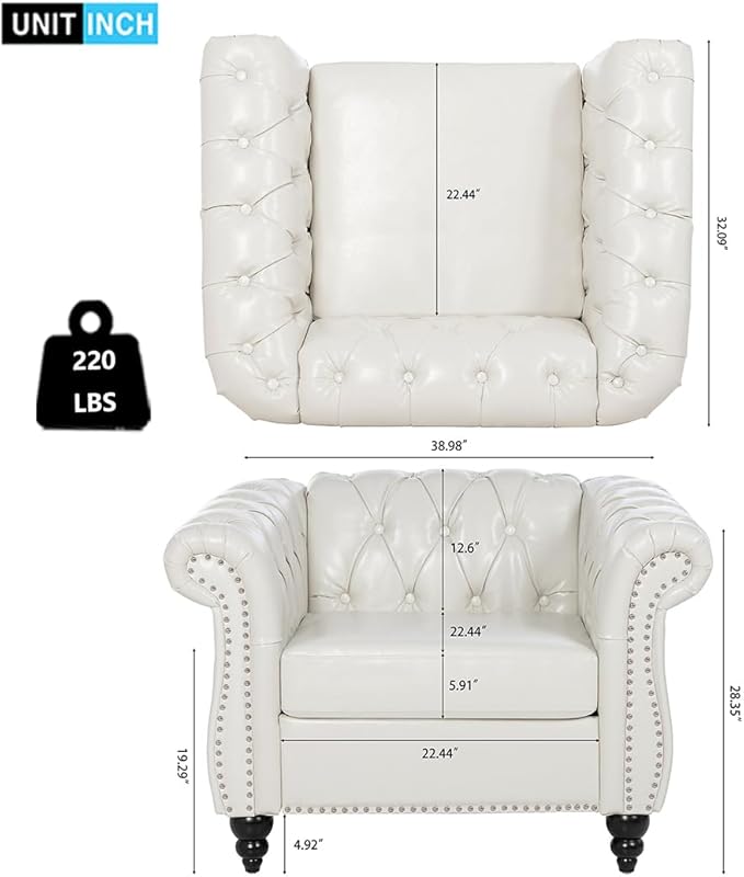 Modern Chesterfield Armchair PU Leather Rolled Arm Tufted Back Accent Chairs Upholstery Nailhead Trim for Living Room Office (White PU)