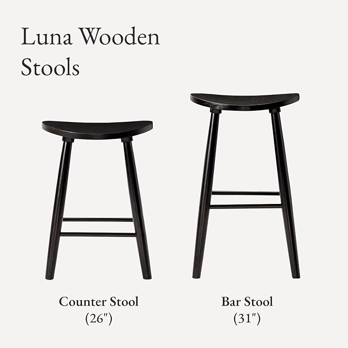 Maven Lane Luna Counter Stool – 26 Inches – Round Stool with Footrest – Black Solid Wood – Space-Saving Design for Kitchen Counters &amp Islands Ideal for Apartments Dorms &amp Compact Living