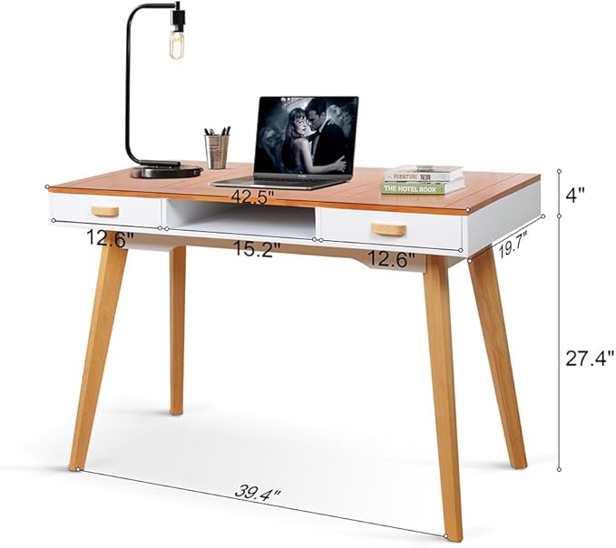 Mid Century Desk Modern Simple Style Writing Study Desk with 2 Drawers and Solid Wood Legs Home Office Desk Computer Desk for Small Space Multifunctional Vanity Table Desk