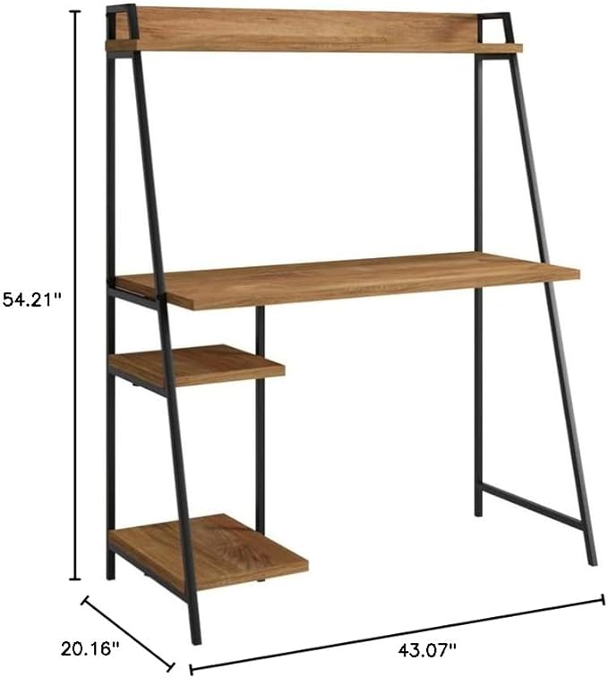 Pemberly Row Mid-Century Engineered Wood Computer Desk Sindoori Mango/Brown Finish 43 in Wide 54 in Tall Durable Metal Frame with Hutch Modern Small Office Desk for Home or Workspace