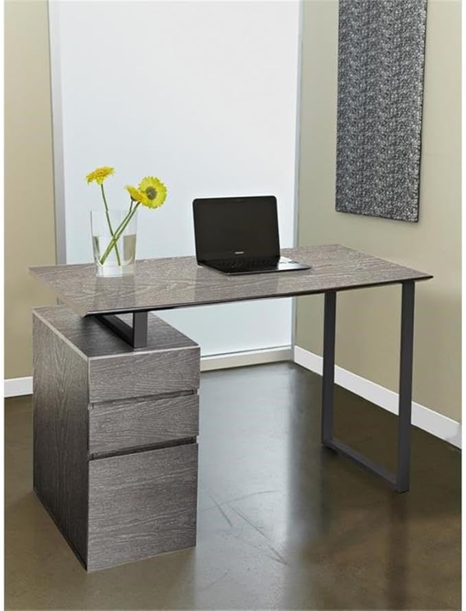 Pemberly Row 48 Reversible Home Office Desk Gray Wood Finish MDF and Steel Construction 3 Drawers with 1 File Cabinet Modern Design Compact Workspace for Home or Office Use