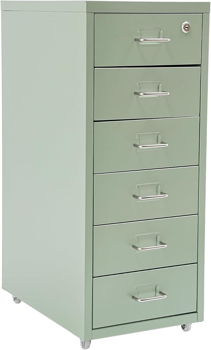 Office File Cabinet w/4 Wheels 6 Drawer Metal Small Vertical File Cabinets w/2 Lock Smooth Edges Mobile Storage Cabinet File Organizer for Home Office Living Room 11 * 16 * 27in (Green)