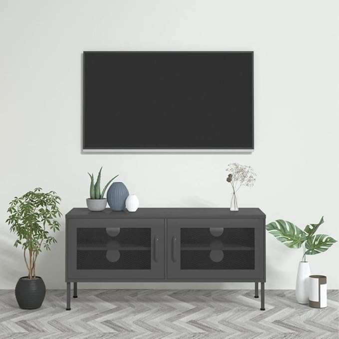 vidaXL Industrial Style TV Stand 41.3x13.8x19.7 Anthracite Steel Material with 2 Mesh Doors &amp Cable Management Holes.