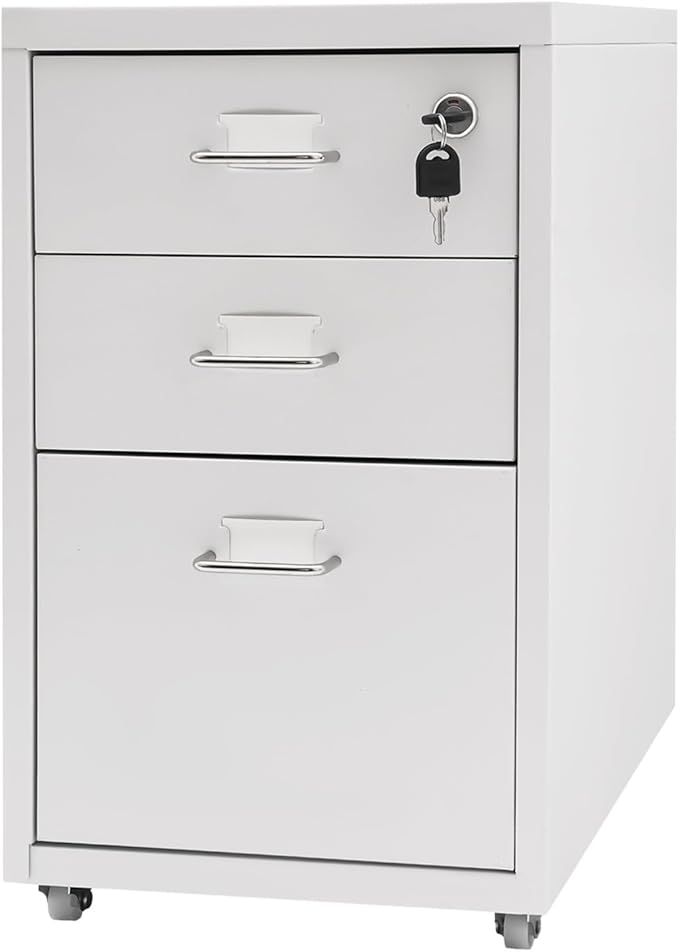 3-Layer Vertical File Cabinet Metal Mobile File Cabinet with Lock with Wheel White