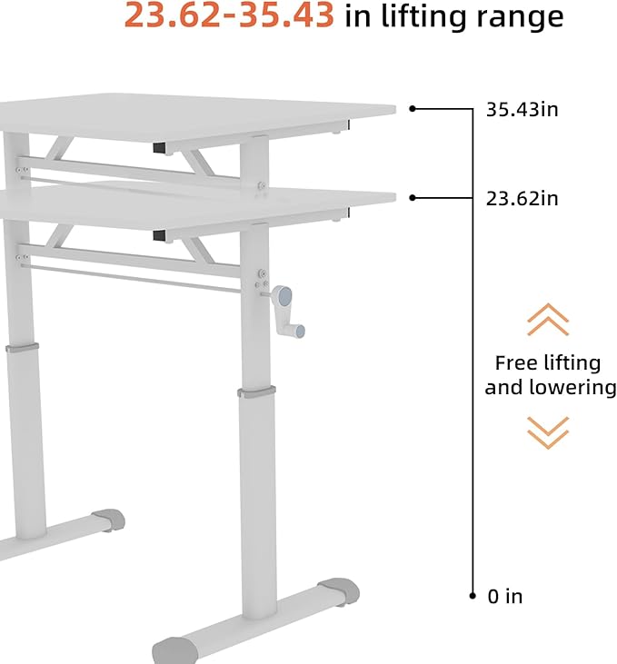 Adjustable Study Desk Hand-Crank Height Adjustable Sit-to-Stand Desk 60 x 80 cm Compact White Frame White Top Double-Column Stable Workstation for Home Office Study