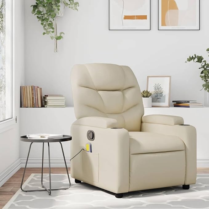 vidaXL Massage Recliner Chair - Cream Faux Leather Manual Reclining Vibration Massage Functions Cup Holders Solid Frame - Home Office Living Room