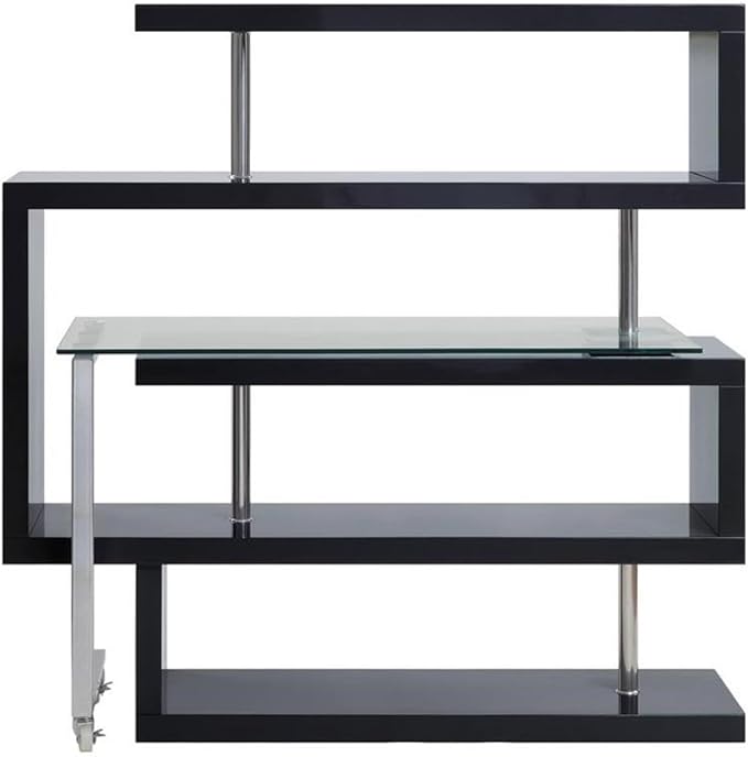 Pemberly Row L-Shaped Writing Desk with Glass Top Chrome and Black High Gloss Finish MDF and Tempered Glass 55 W x 24 D x 54 H 4 Shelves 360° Swivel Function Modern Home Office Desk