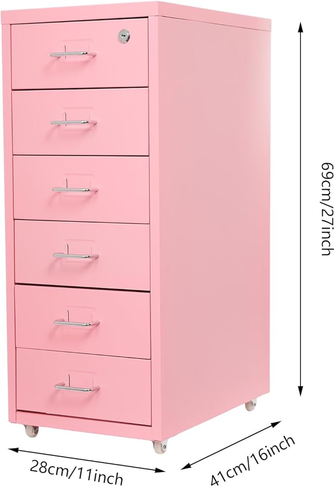 6 Drawer Filing Cabinets with Lock Metal Vertical File Storage CabinetMoblie Office File Cabinet with WheelsRolling Metal Filing Storage CabinetsLocking File Cabinet for for Home Office (Pink)