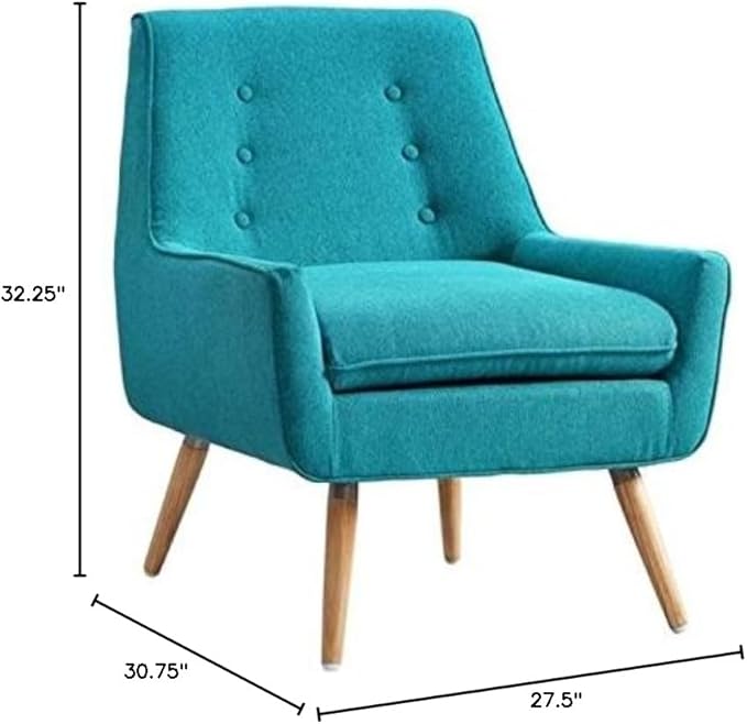 Atlin Designs Modern Accent Chair 27.5 W x 30.75 D x 32.25 H Pine Wood Frame Bright Blue Polyester Fabric Button Tufted Back Blond Finished Legs Plush Cushion Living Room Seating
