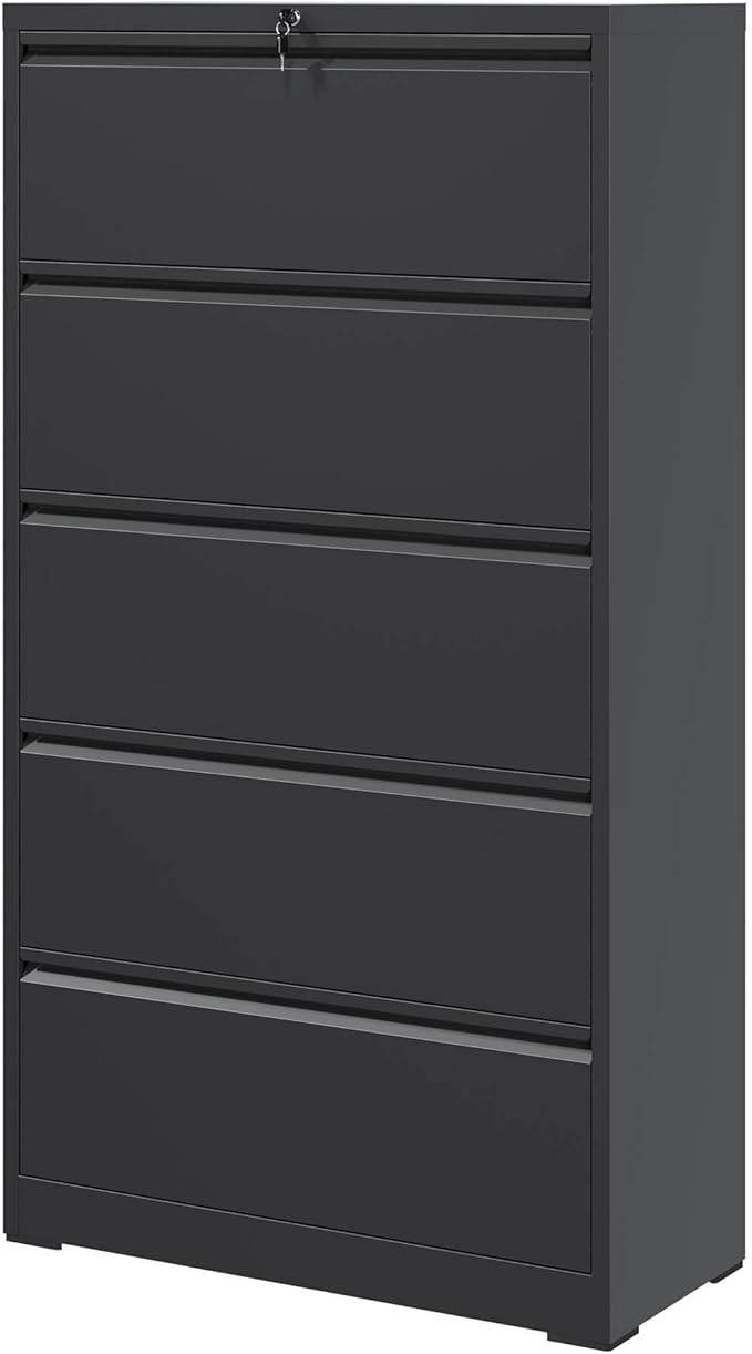 5 Drawer Metal Lateral File Cabinet with Lock Locking Filing Cabinet for Home Office Under Desk Storage Cabinet Organizer for Legal/Letter/A4/F4 SizeBlack