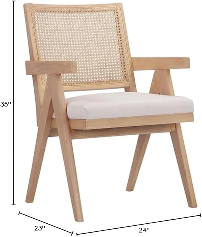 Pemberly Row Contemporary Arm Chair Bone Polyester Blend Fabric Wooden Frame Cane Chair Design Fully Assembled Modern Accent Chair for Living Room or Bedroom Use