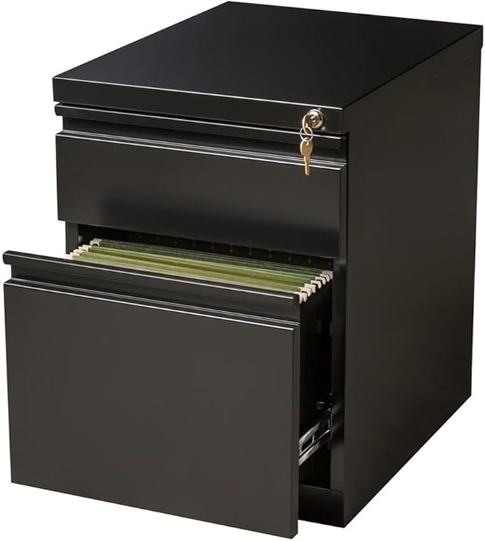 Pemberly Row Mobile Pedestal Filing Cabinet 2-Drawer Box/File 20 D Metal Construction Black Finish Hidden Casters Lockable Full Extension Drawers Fits Under Work Surface Office Storage