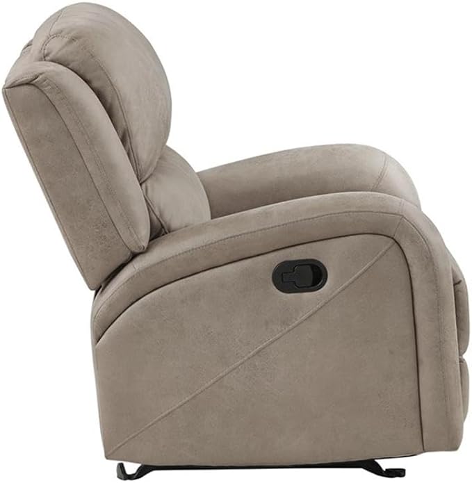 Pemberly Row Rocker Reclining Chair 40H x 38W x 38D Polished Microfiber Upholstery Brown Finish Padded Seat and Back Tab Pull Recliner Gentle Rocking Motion Transitional Living Room Seating