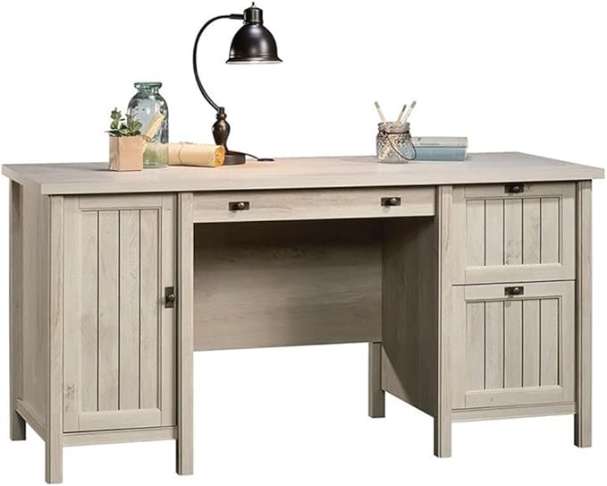 Pemberly Row Cottage Look Home Office Computer Desk with CPU Tower Storage and Filing Drawer in Chalked Chestnut