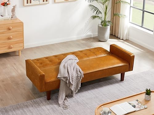 Modern PU Leather 3-Seat Couch Adjustable Backrest Convertable Sofa Sleek Minimalist Fold Out Couch Loveseat with Armrests Sofa for Living Room Home Office Spaces Brown