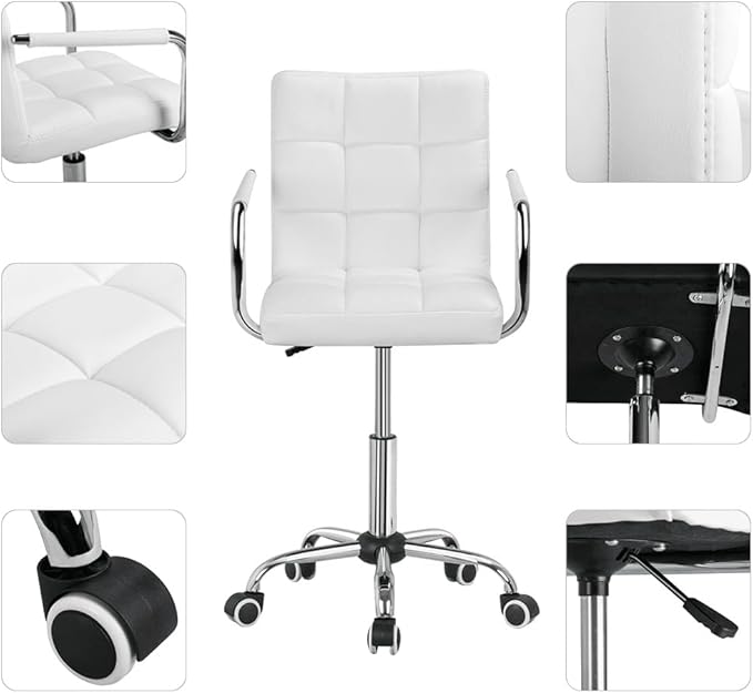Butterslay Mid-Back PU Leather Office Chair with Armrests 360° Swivel Rolling Height Adjustable Desk Chair with Lumbar Support for Home Office Bedroom White/Pink/Brown/Retro Brown (White)