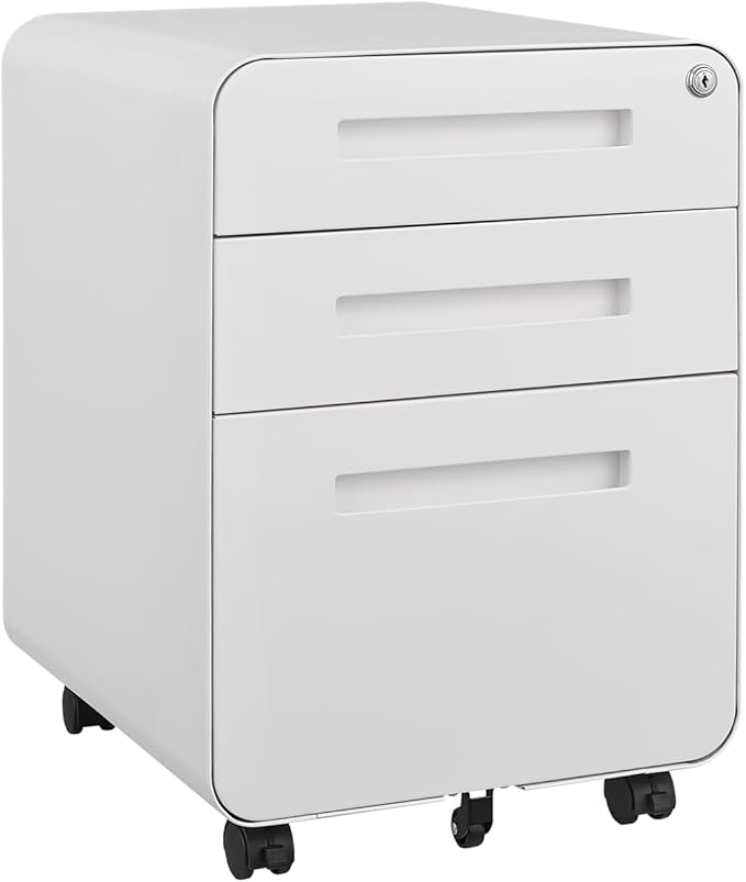 Office Pedestal File Cabinet: Lockable Compact Storage Solution for Home Office - Under Desk Cabinet with Removable Pencil Tray Hanging Bar and 5 Utility Wheels (White)