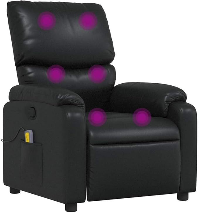 vidaXL Leather Massage Recliner Chair for Living Room Home Theater 6-Point Vibration Massage Adjustable Back &amp Footrest Side Pocket Black