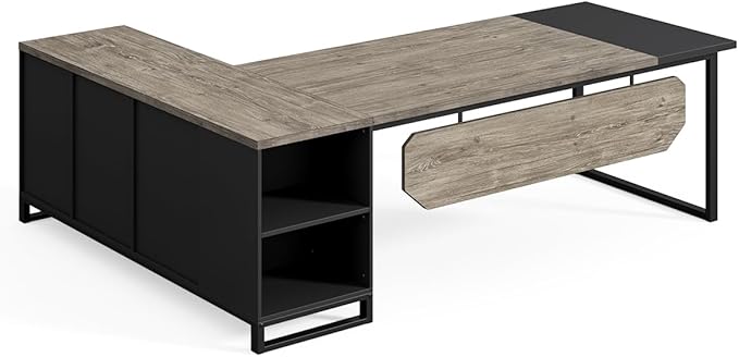 LITTLE TREE 70.8 Inches Executive Desk and 55 Inches File Cabinet Combo Large L Shaped Computer Desk with Storage Cabinet and Shelves Modern Business Furniture for Home Office Grey &amp Black