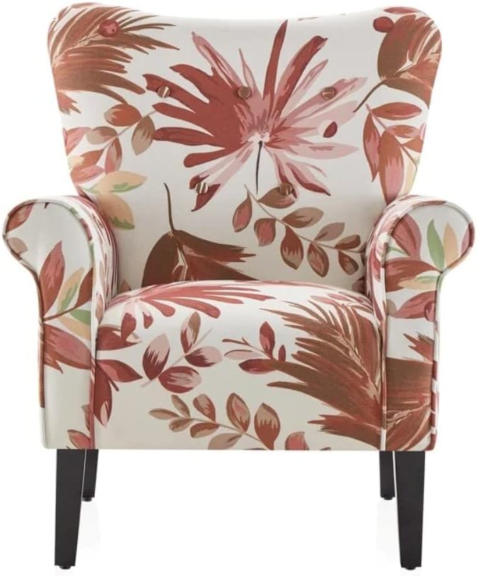 Modern Style Lounge Chair for Living Room | Stylish Wide Armchair Tufted High Backrest with Padded Arms &amp Deeply Thick Cushioned Seat | Durable Wood Manufactured | Aesthetic Look Red Ivory Color