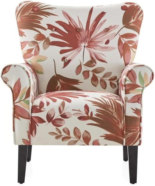 Modern Style Lounge Chair for Living Room | Stylish Wide Armchair Tufted High Backrest with Padded Arms &amp Deeply Thick Cushioned Seat | Durable Wood Manufactured | Aesthetic Look Red Ivory Color