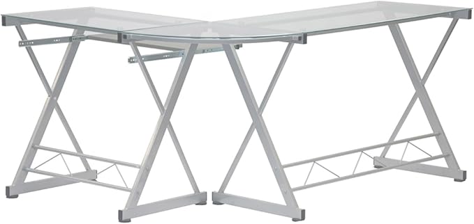 L-Shaped Writing Desk Computer Desk with Clear Tempered Glass Top Reversible Corner Design Pull-Out Keyboard Tray Scratch-Resistant Steel Frame for Home Office or Study