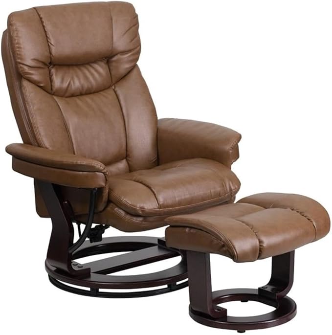 Pemberly Row Contemporary Leather Recliner Palimino Brown LeatherSoft Upholstery Mahogany Wood Swivel Base Integrated Headrest Lever Adjusting Recliner for Living Room or Home Office Use