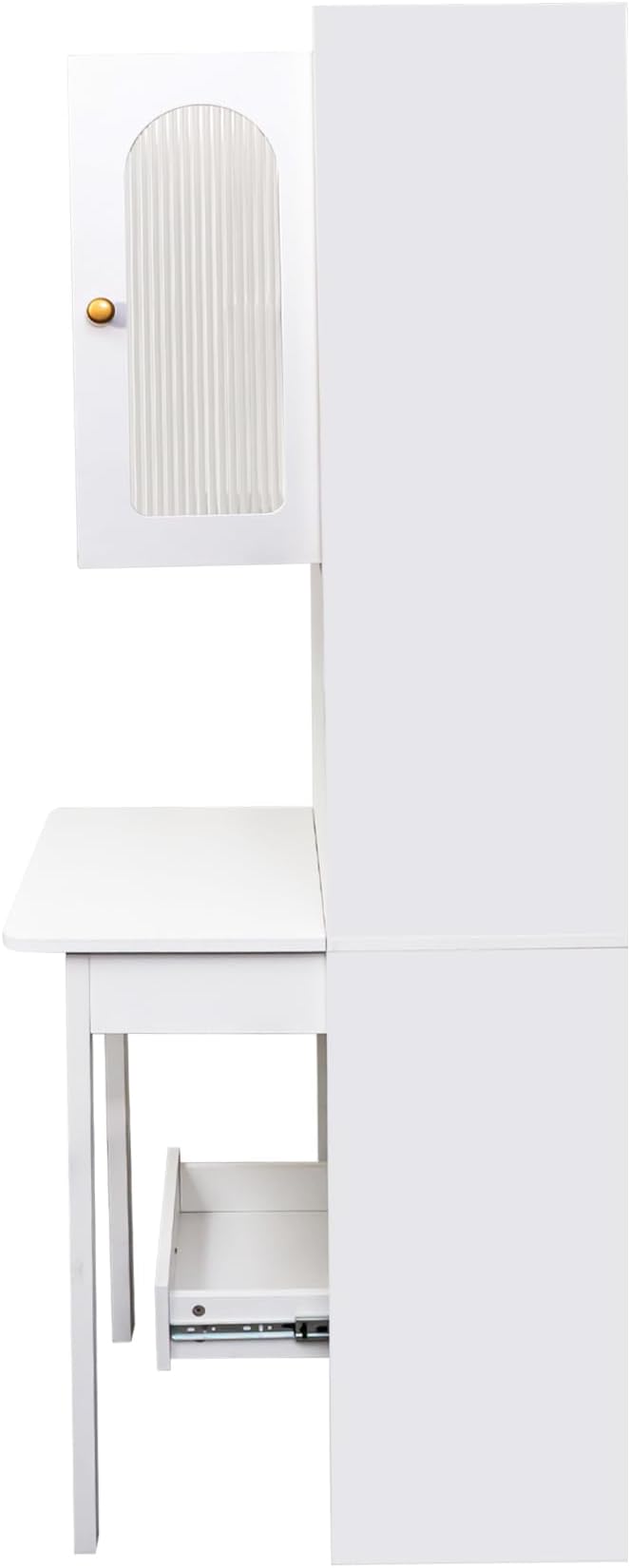 White Folding Desk with Storage - Foldable Convertible Writing Table with Shelves Fold Out Murphy Hideaway Desk with Drawers Space Saving Computer Table Doors for Home Office Workstation
