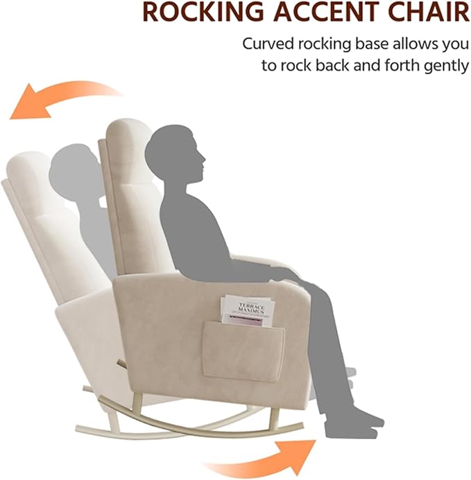 Rocking Chair Nursery Upholstered Glider Chair with Side Pocket Modern Nursery Chair with High Backrest and Rubber Metail Legs Accent Armchair for Living Room Bedroom Indoor (Beige Velvet)