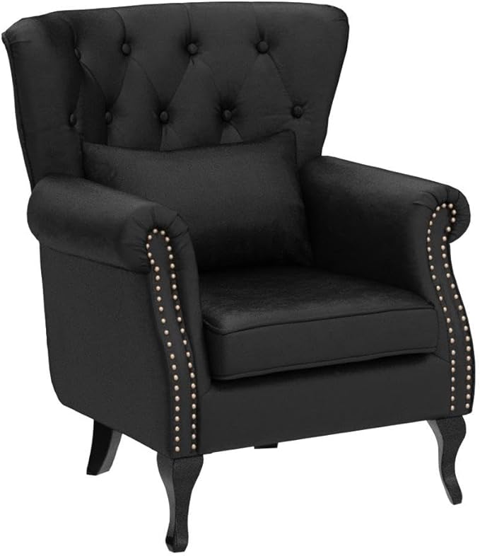 Mid Century Modern Accent Chair Upholstered Armchair Comfy Velvet Fabric Single Sofa with Tufted Wingback for Small Spaces Bedroom Living Room Black
