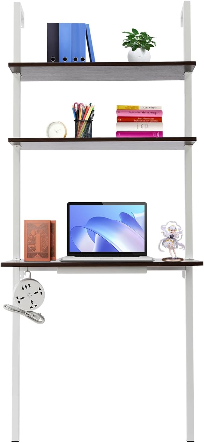 Wall Mounted Desk Computer Writing Table Industrial Wall Mount Ladder 3 Tier Computer Desk for Home Office Student Dormitories (Brown+White)