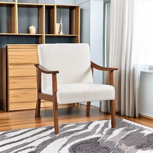 Yaheetech Fabric Accent Chair Mid-Century Modern Armchair with Solid Wood Legs Reading Leisure Chair with High Back for Living Room Bedroom Waiting RoomIvory