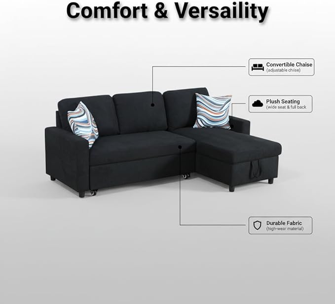 Sectional Sleeper Sofa with Pull Out Bed L Shaped Pull Out Couch with Storage Chaise 3 Seats Convertible Couch Bed for Apartment Living Room Black