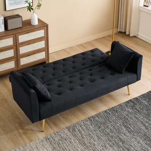 71 Convertible Folding Sleeper Sofa CouchModern Velvet Loveseat Sleeper with 2 Pillows Futon Sofa Bed with Mattress and Frame for Living RoomBedroomSmall Space (Black)
