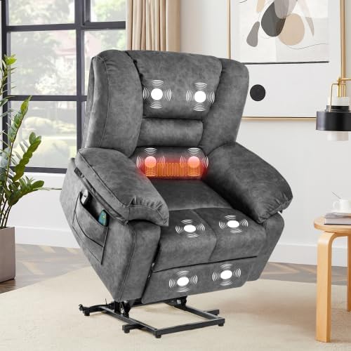 Electric Power Lift Recliner Chair Recliner Sofa for Elderly Heat and Massage2 Cup Holders Recliners Chairs for Living Room Infinite Position and Double 2 Side Pocket (Grey)