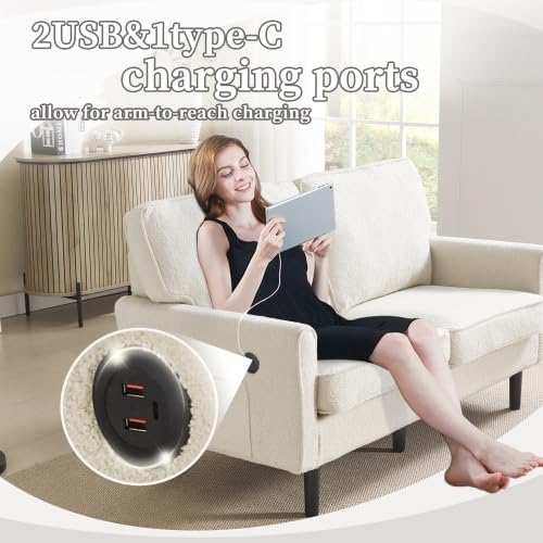 56 W Loveseat Modern 2 Seater Sofa with USB Charging &amp Storage Pocket Small Couch for Living Room Apartment Dorm Office (Beige)