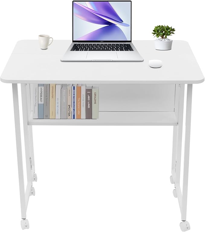 31.5 Mobile Folding Desk with Wheels Small Foldable Desk for Small Spaces Computer Table Writing Workstation for Home Office Easy Assembly White
