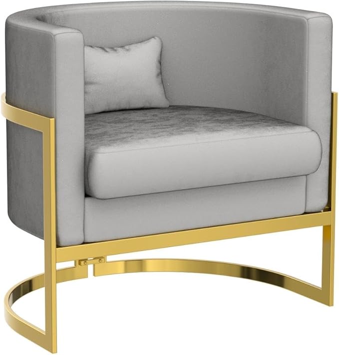 Alunaune Modern Velvet Accent Chair Barrel Living Room Chairs Upholstered Armchair Lounge Chair Mid Century Tub Bucket Club Side Chair Sofa for Bedroom-Grey