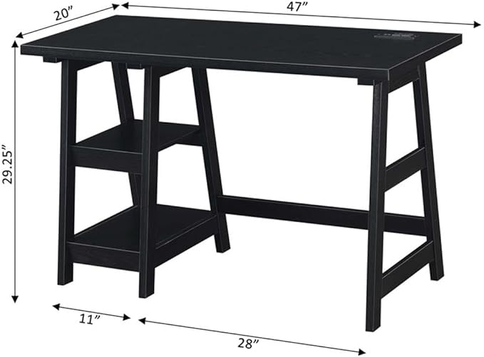 Pemberly Row Trestle Desk with Charging Station Black Wood Finish 47 in x 20 in x 29.25 in 2 Fixed Shelves USB Ports Power Outlets Modern Home Office Desk for Workspace or Study