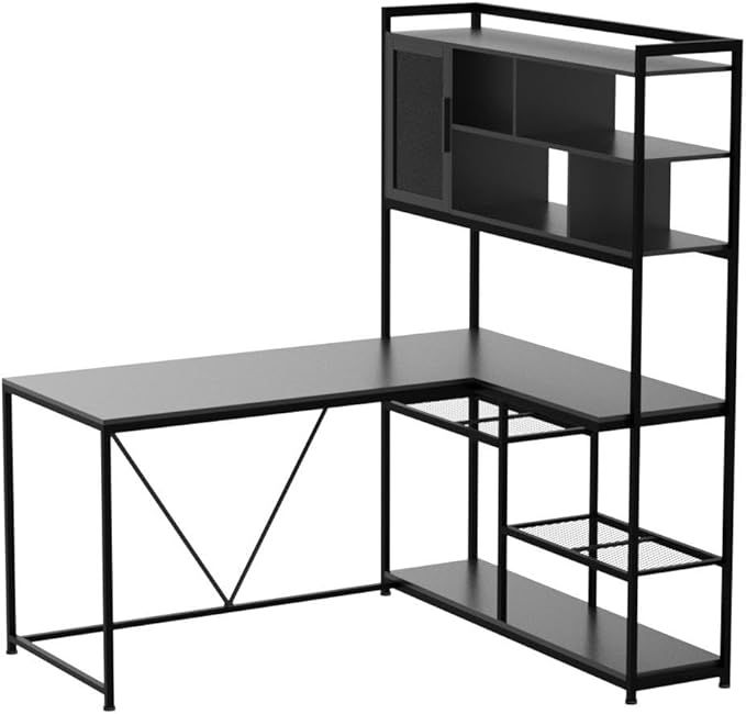 SEDETA L Shaped Computer Desk 58'' Office Desk with LED Light and Bookshelf L Shaped Corner Desk with Storage Shelves for Home Office Gaming Desk L Desk Black